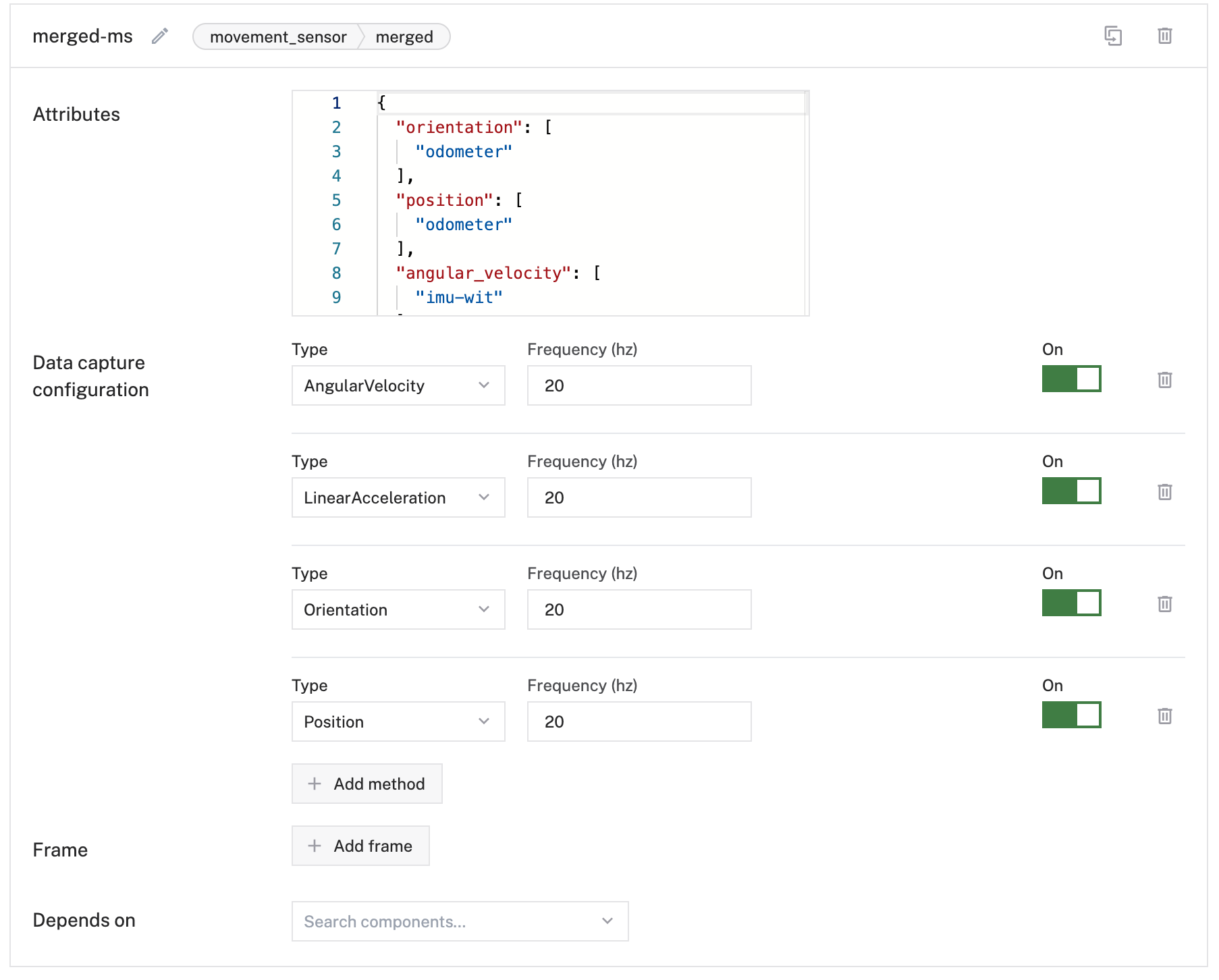 An IMU configured with angular velocity, linear acceleration, position, and orientation all configured for capture at 20 Hz.
