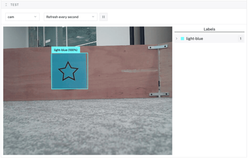 A vision service test panel showing bounding boxes on a live camera feed