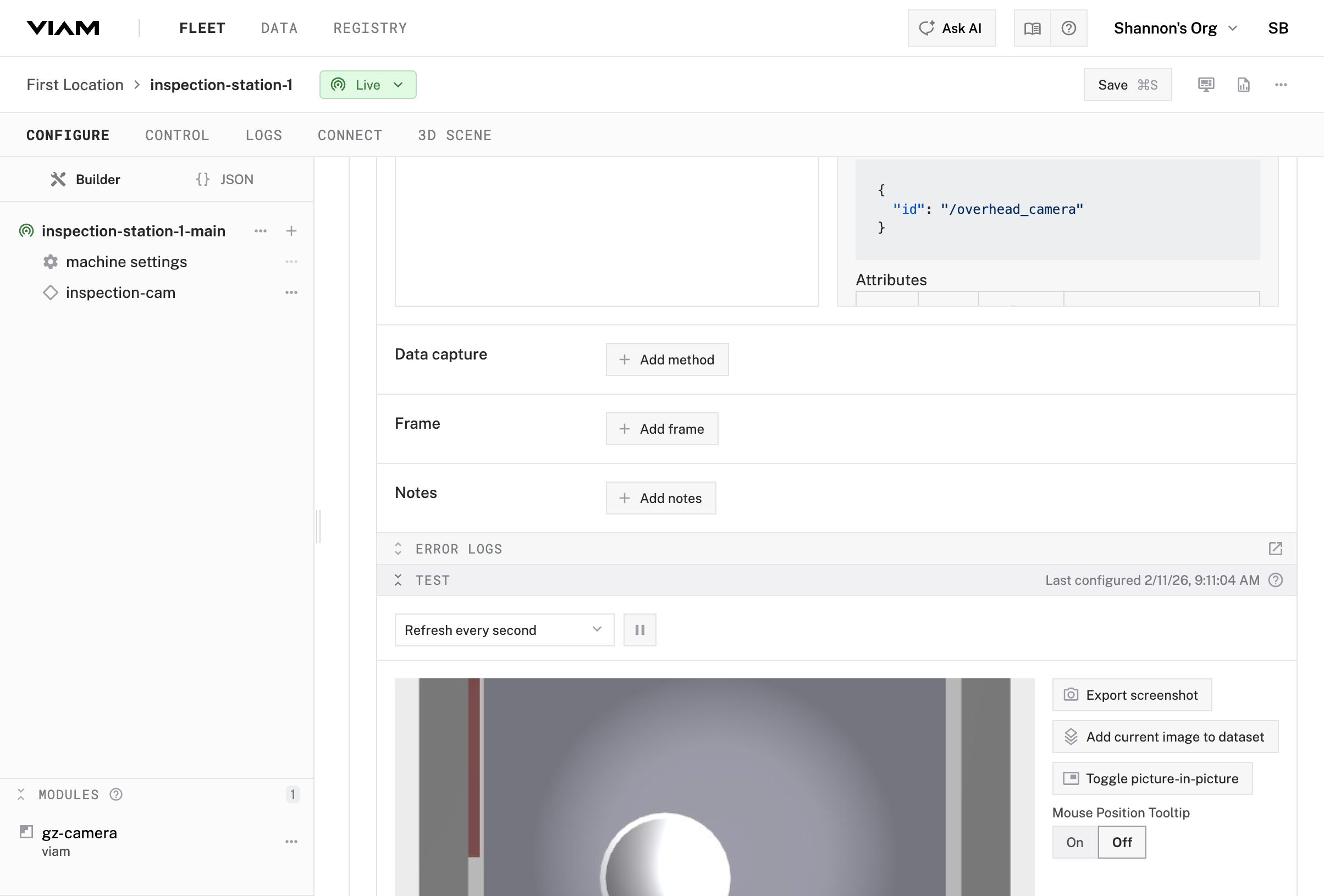 Camera test panel showing a live video feed from the simulated inspection camera.