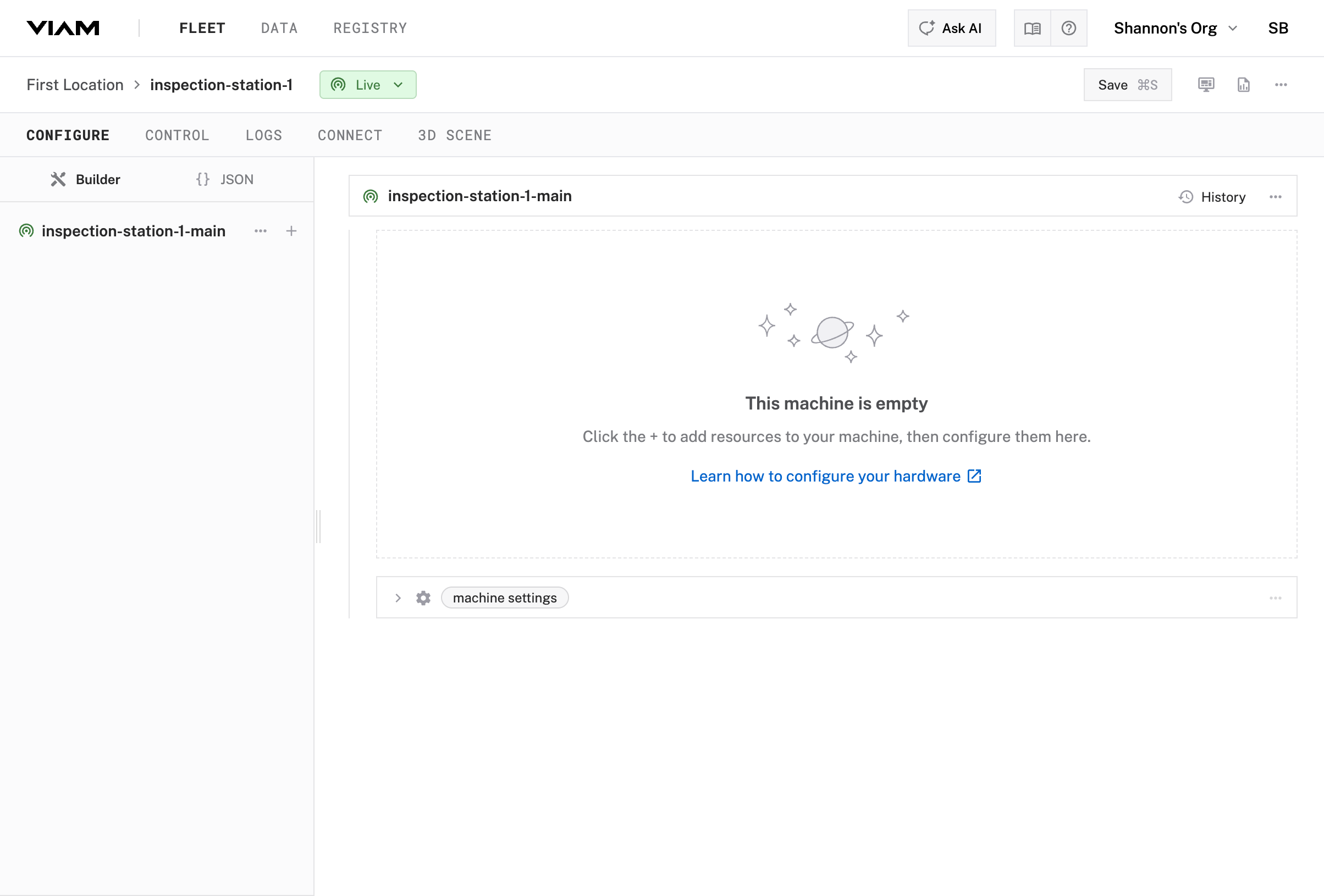 Viam app showing inspection-station-1 with a green Live status indicator.